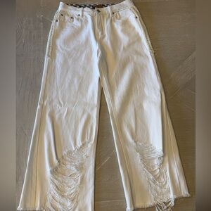 POL White Distressed Ankle Crop Jeans with Side Pearl Trim
